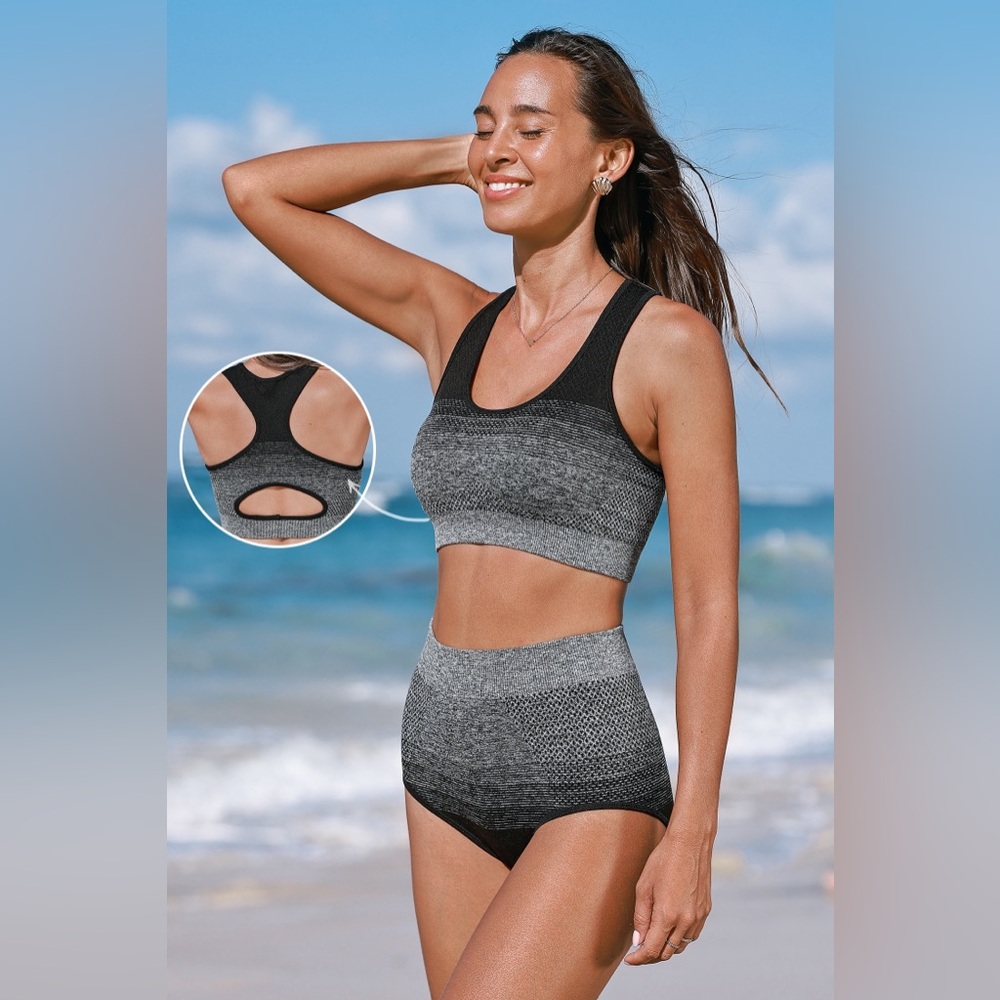 CUPSHE Seamless Striped Colorblock Scoop Bikini Top & High-Rise Bottoms Set